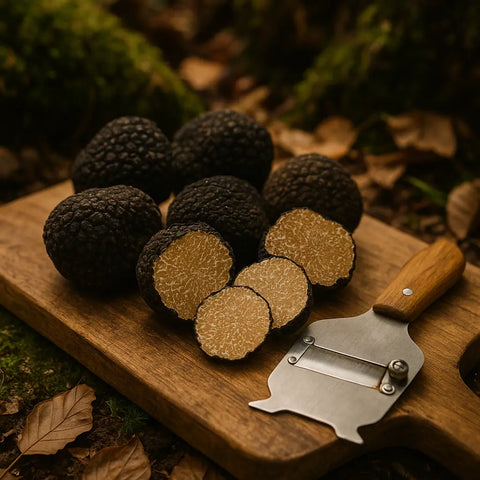 Fresh black truffles whole and sliced on wooden board with truffle shaver for gourmet cuisine