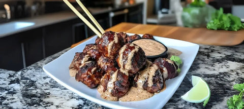 Korean BBQ Meatballs with rich sauce and truffle mayonnaise dip on a plate.