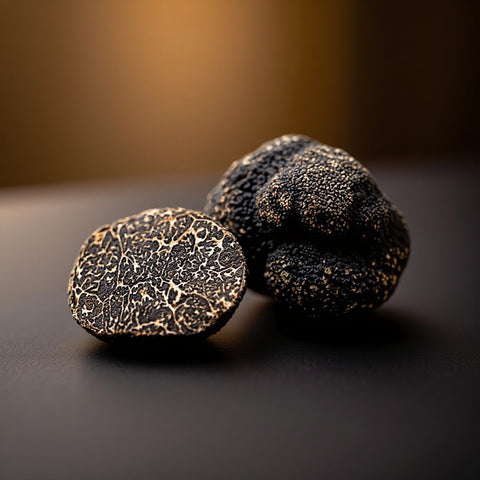 Two black truffles on a dark surface with a blurred background