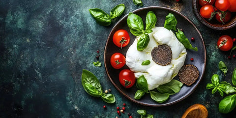 A creamy white burrata cheese, garnished with fresh basil leaves and topped with a slice of black truffle.