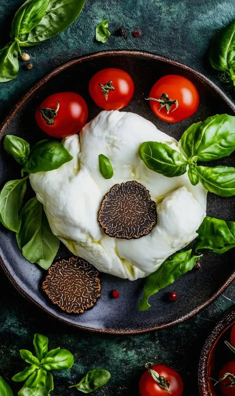A creamy white burrata cheese, garnished with fresh green basil leaves and topped with two slices of black truffle.