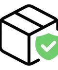 Black cardboard box with green shield and checkmark symbol representing Shipping Insurance for guarantee protect