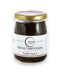 Truffle sauce jar with gold lid and label, Salsa Tartufata with black contents