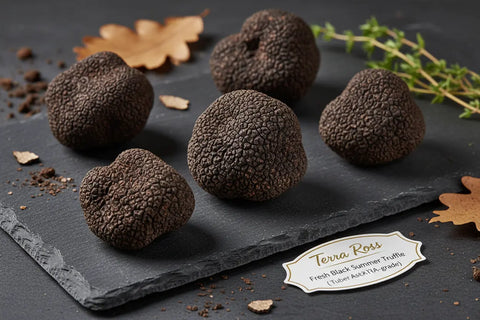 Dark truffles on a slate surface with Terra Ross label